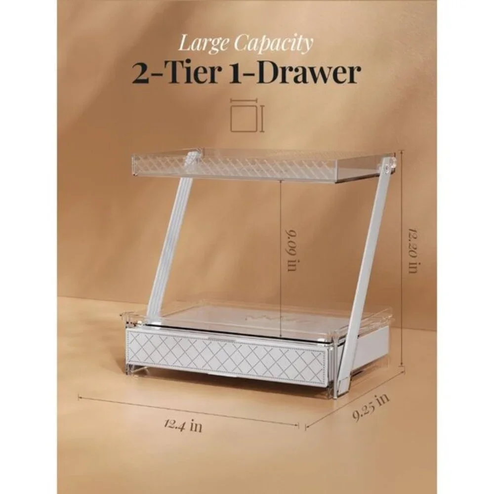 Z-Shaped 2-Tier Bathroom Organizer, Vanity Storage with Sliding Tray & Drawer